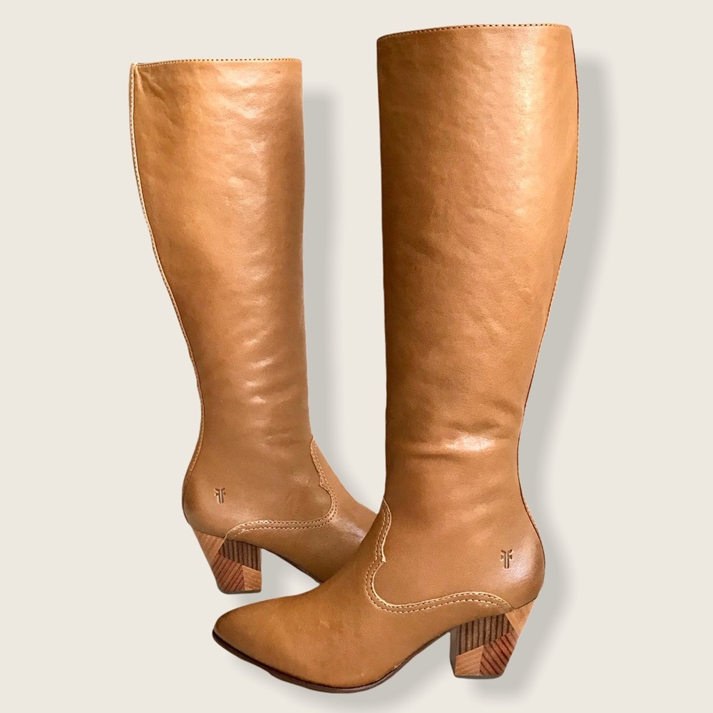 $458 RARE Frye Reed Chevron Heel Cognac Leather Tall Knee High Winter/Fall Boots - Picture 15 of 16
